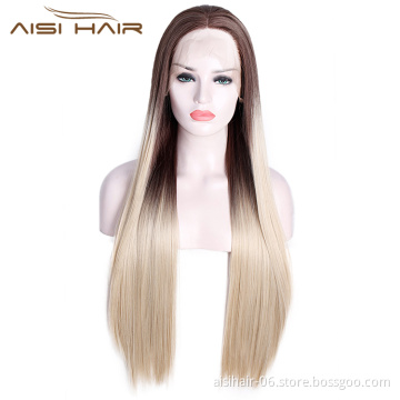Aisi Hair 26 Inch Long Silky Straight Wig Ombre Blonde Dark Root Lace Frontal Wig Middle Part Front Lace Hair Wigs For Women